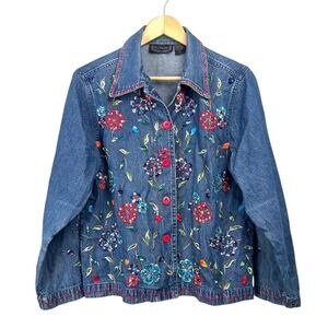 New Directions Denim Jacket Womens M Embellished Floral Embroidered Retro Boho